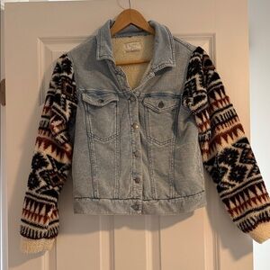 Denim Jacket with Tribal Patterned Sleeves